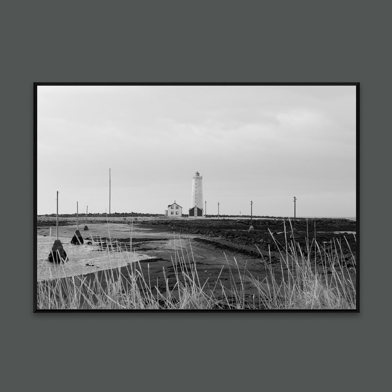 Icelandic black and white Reykjavik lighthouse photo in Scandinavian interior by Minumo